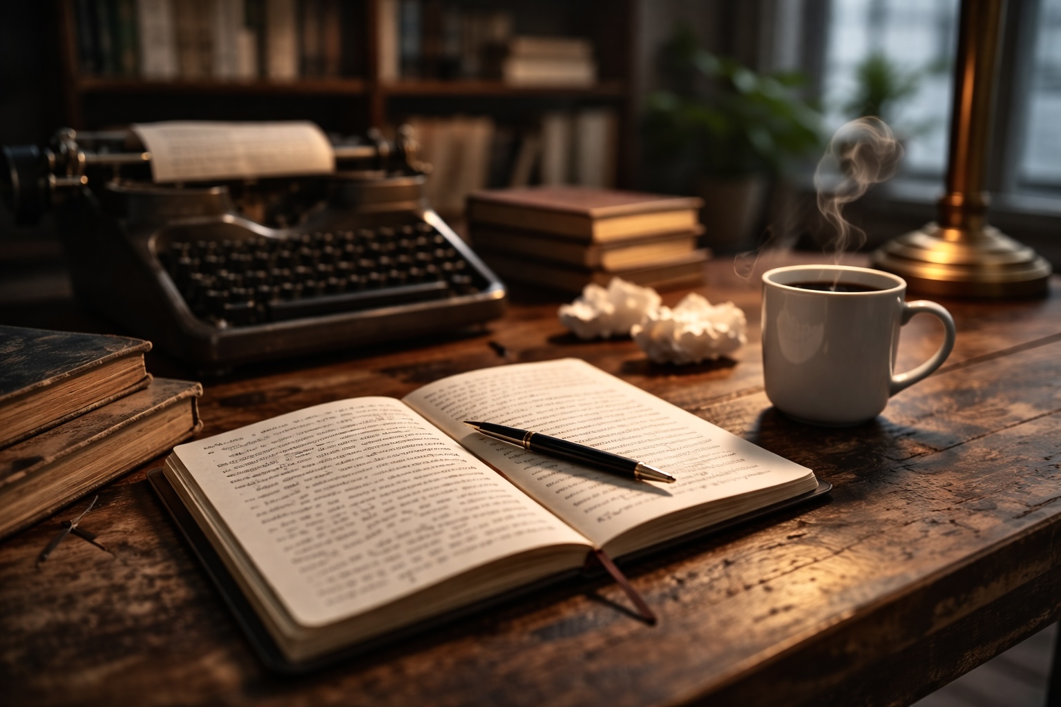 Schreibtisch mit Notizbuch, Stift und Kaffeetasse als Symbol für konsequentes Schreiben – KI-generiertes Bild