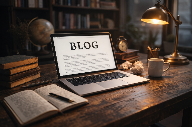 Schreibtisch mit Laptop und Notizen zum Thema Bloggen – KI-generiertes Bild