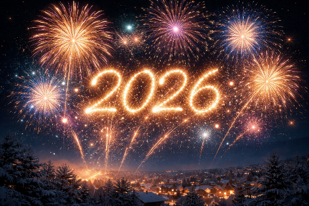 Ruhiges Silvesterfeuerwerk mit Lichteffekten am Nachthimmel, die die Zahl 2026 formen – KI-generiertes Bild