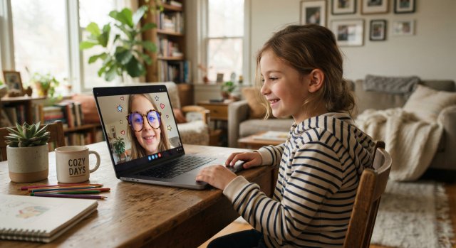 Kind bei der virtuellen Anprobe einer neuen Brille am Computerbildschirm