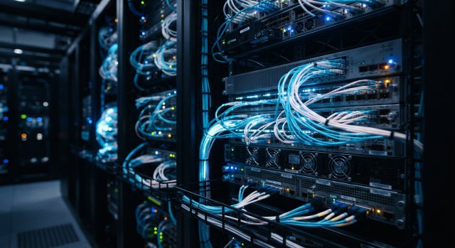 Futuristischer Serverraum mit glühenden Datenströmen und digitalen Netzwerkstrukturen.