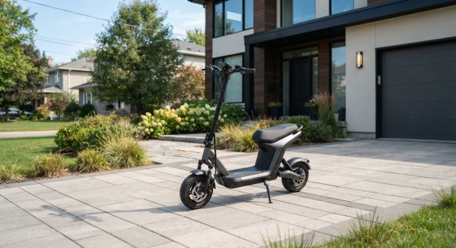Moderner elektrischer Roller geparkt vor einem Wohnhaus bei Tageslicht