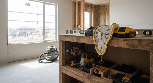 Ein aufger&auml;umter Arbeitsbereich auf einer Baustelle mit sauber sortierten Werkzeugen in einem Regal.