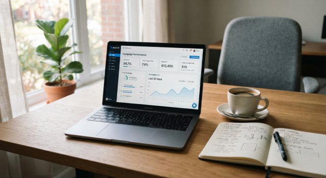 Ein minimalistischer Schreibtisch mit einem Laptop, auf dem ein Newsletter-Entwurf zu sehen ist.