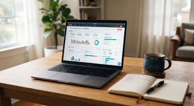Laptop mit ge&ouml;ffnetem Newsletter-Programm und einer Kaffeetasse auf dem Holztisch