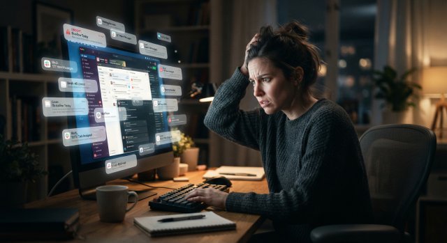 Ein frustrierter Nutzer vor einem Computerbildschirm, auf dem zahlreiche Benachrichtigungsfenster erscheinen.