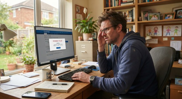 Ein verzweifelter Vater sitzt vor einem Computer und betrachtet frustriert die Bildschirmanzeige einer Fehlermeldung.