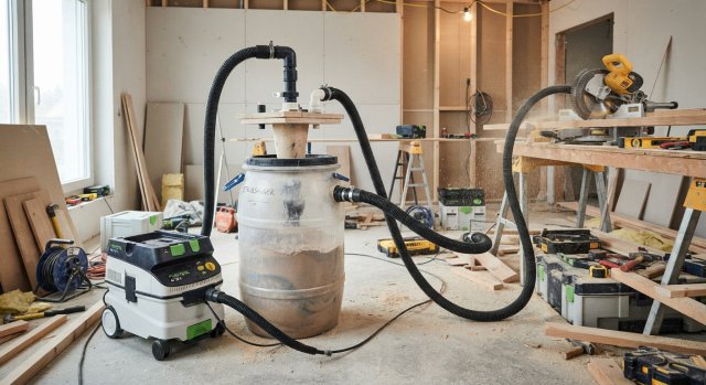 Selbstgebauter Zyklonabscheider aus einem Kunststoffbeh&auml;lter an einem Industriestaubsauger