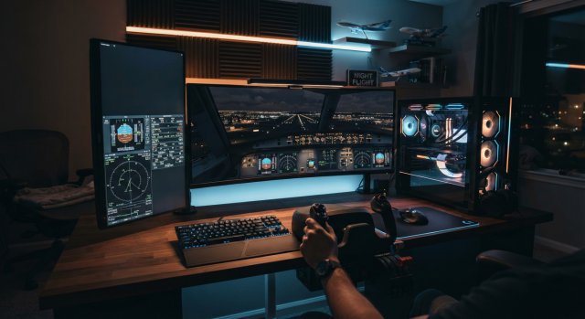 Moderner Gaming-PC auf einem Schreibtisch mit zwei Monitoren