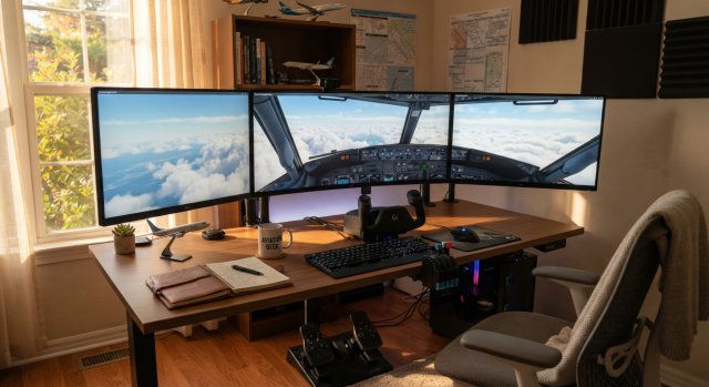 Ein heller Arbeitsplatz mit mehreren Monitoren, auf denen eine Flugsimulation l&auml;uft, neben einem organisierten Schreibtisch.