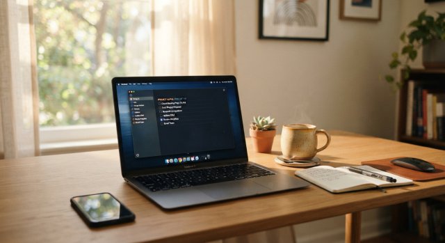 Ein organisierter Schreibtisch mit einem Laptop und einer To-Do-Liste bei gedimmtem, nat&uuml;rlichem Licht.