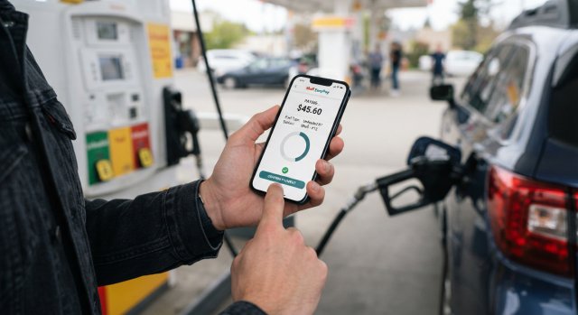 Person bezahlt den Tankvorgang entspannt &uuml;ber das Smartphone direkt an der Zapfs&auml;ule.