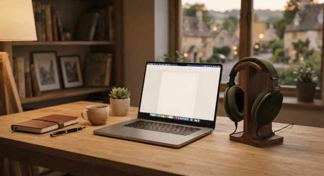 Minimalistischer Arbeitsplatz mit Laptop und Kopfh&ouml;rern f&uuml;r kreatives Schreiben