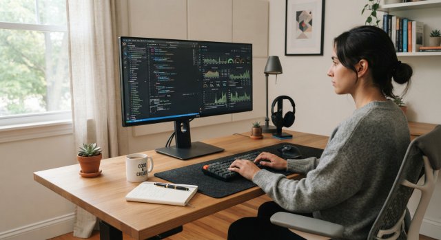 Ein digitaler Arbeitsplatz mit einer modernen Redaktions-App auf dem Monitor und KI-gest&uuml;tzten Bearbeitungsprozessen.