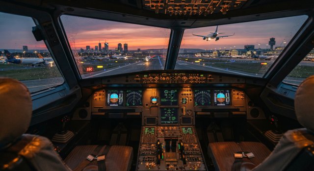 Blick aus einem Cockpit auf eine belebte Rollbahn eines internationalen Flughafens mit mehreren Flugzeugen