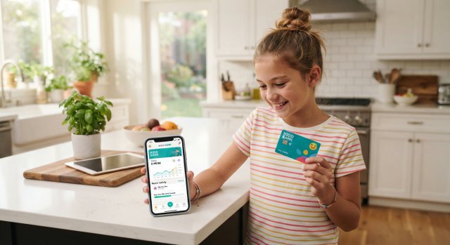Ein Kind h&auml;lt eine moderne Bankkarte in der Hand und schaut auf sein Smartphone mit einer Banking-App.