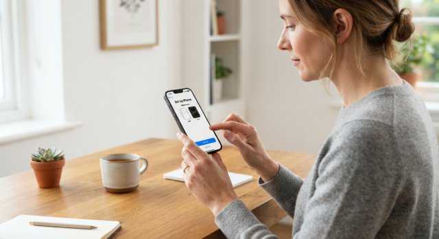 Ein Elternteil richtet konzentriert ein Smartphone f&uuml;r ein Kind ein.