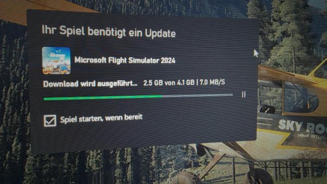 Update-Fenster f&uuml;r Microsoft Flight Simulator 2024 mit Fortschrittsbalken bei 2,5 von 4,1 GB Download-Gr&ouml;&szlig;e.