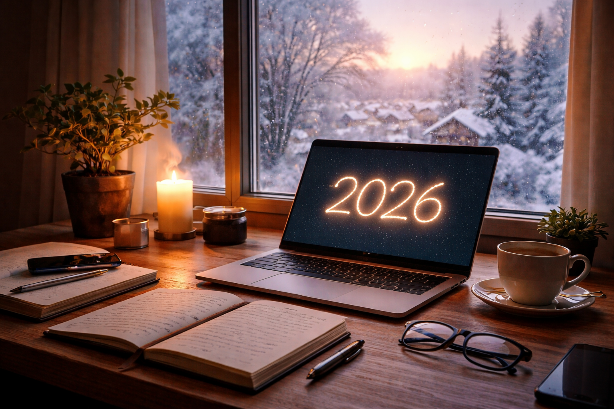 Schreibtisch am Fenster mit Notizbuch, Laptop und Kaffeetasse zum Jahresbeginn 2026 – KI-generiertes Bild
