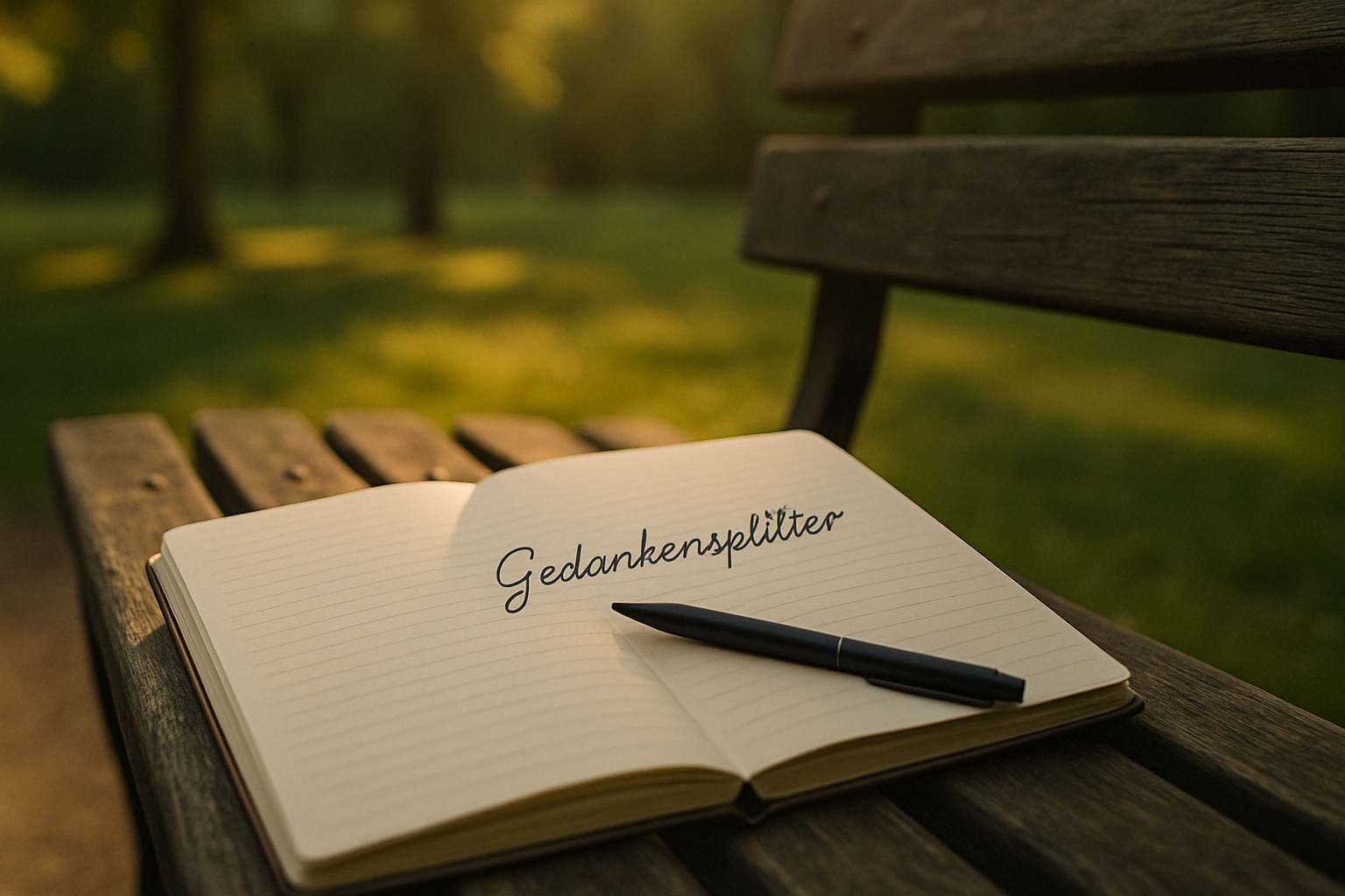 Offenes Notizbuch mit Stift auf Parkbank im Sonnenlicht